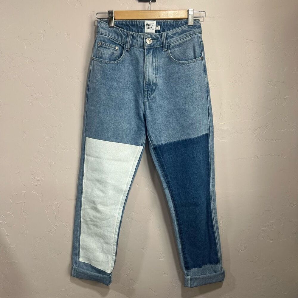 Princess Polly Patchwork Jeans Women Light Denim High Rise Straight Leg Size 2